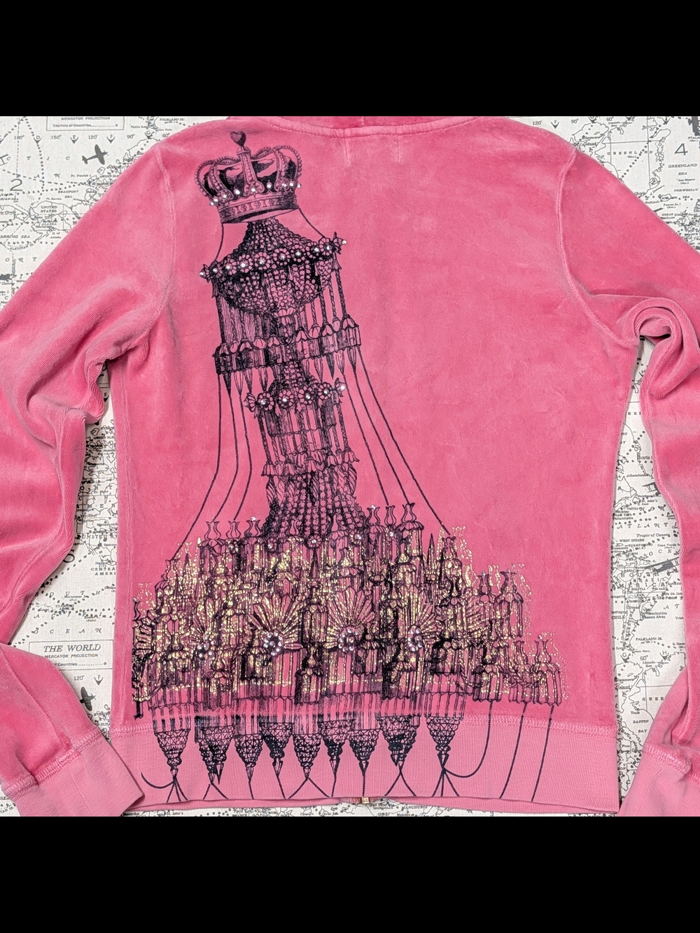 RARE Vintage Y2K Juicy Couture Pink Velour Chandelier Rhinestone Hoodie Small - Picture 7 of 7